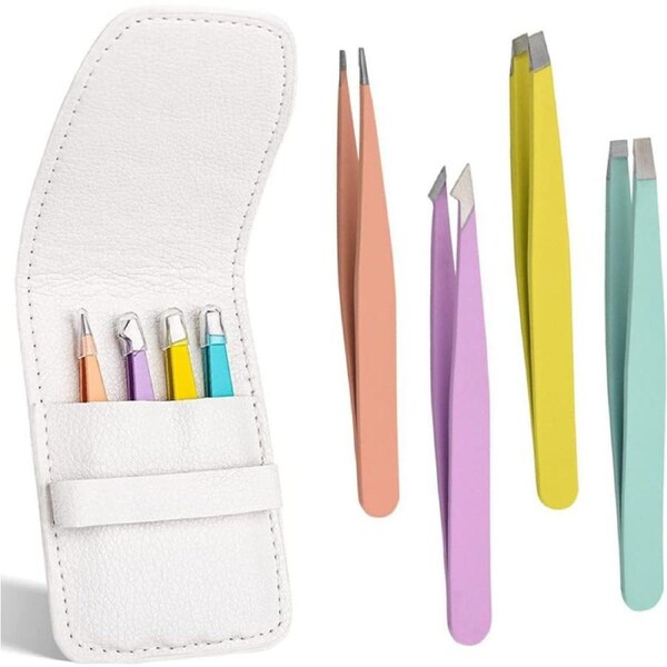 4 Pack Eyebrow Tweezers, Stainless Steel Slant Tweezer Set and Pointed Hair Removal Tweezers, Precision Tweezers for Ingrown Hair, Eyebrows Plucking, Daily Beauty Tool