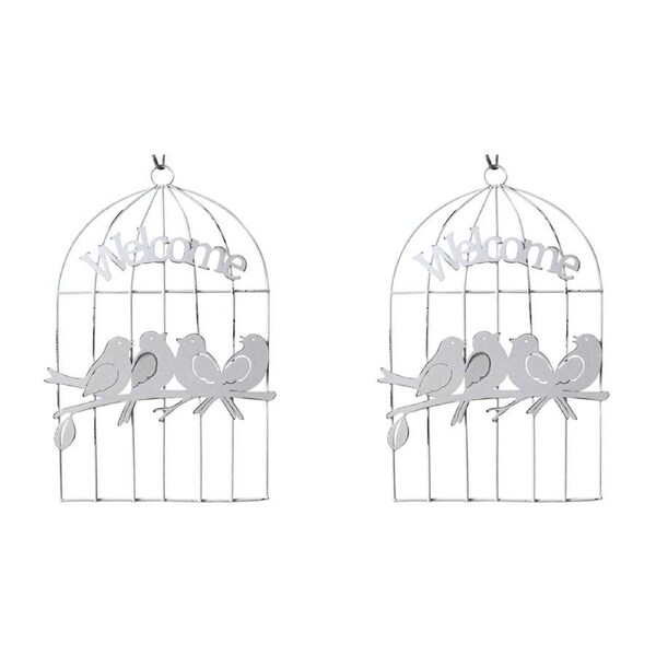 2x LVD Hanging Birds In Cage Home/Garden Ornament Decor Display 14x21cm White