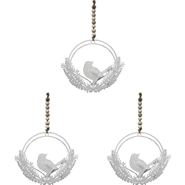 3x LVD Metal Bird Botannical Wreath Home Ornament Hanging Display 13x11cm White