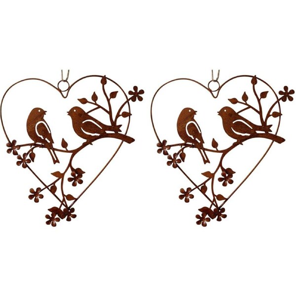 2x LVD Hanging Metal Heart 2x Birds Home/Garden Ornament Decor 19x20cm Brown