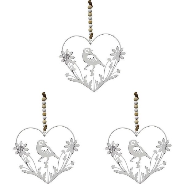 3x LVD Metal Heart Hanger Birddaisy Home Ornament Hanging Display 17x15cm White