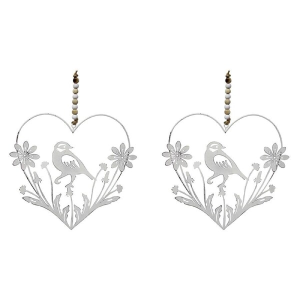 2x LVD Metal Heart Hanger Birddaisy Decor Hanging Ornament 24x20cm Large White