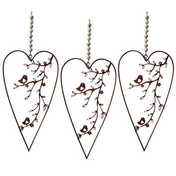 3x LVD Hanging Heart Bird Rust Home/Garden Ornament Decor Display 19x10cm Brown