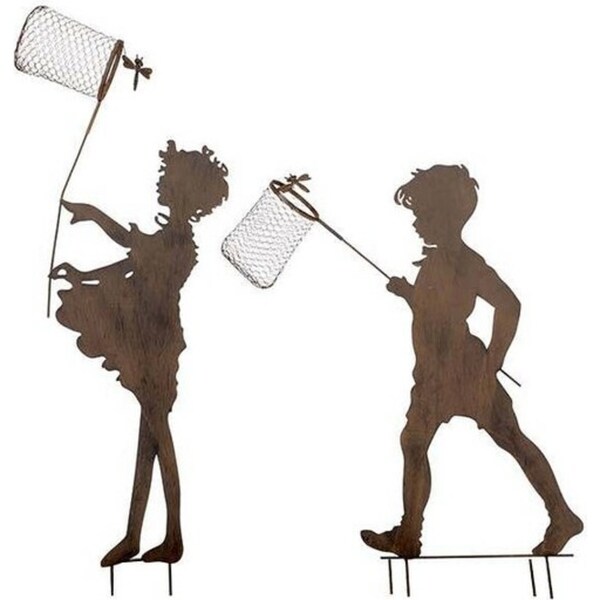 Powder Coated Steel Boy/Girl w/ Net Home/Garden Ornament Decor 39x103cm Brown