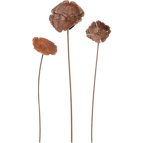 3pc Poppy Flower Sculpture Set Home/Garden/Patio Ornament Floral Decor Rust