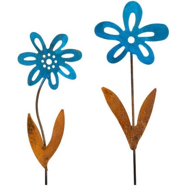 2x Forget Me Not Stake Rusted Metal Flower Home/Garden Decor 50x16cm Blue Asstd