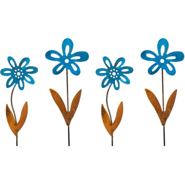 4x Forget Me Not Stake Rusted Metal Flower Home/Garden Decor 50x16cm Blue Asstd
