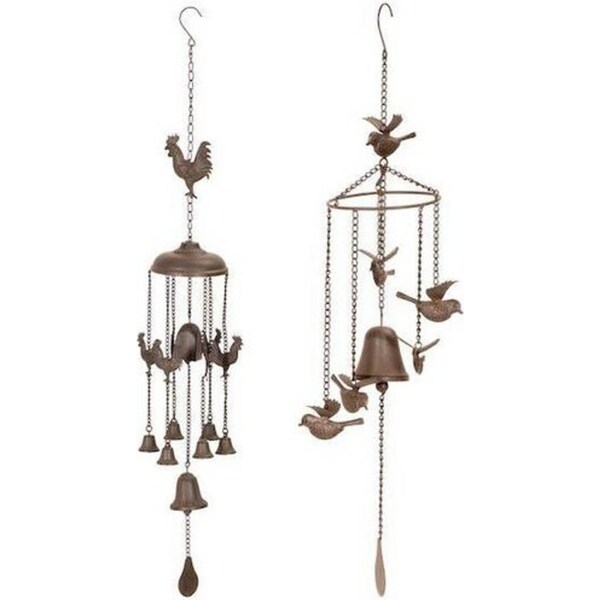 2x Wind Chime Bird/Rooster Cast Iron Home/Garden/Patio Decor Brown Assorted