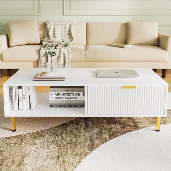 Levede 110cm Coffee Table Wooden Storage Fluted Drawer 2 Tier Open Shelf White