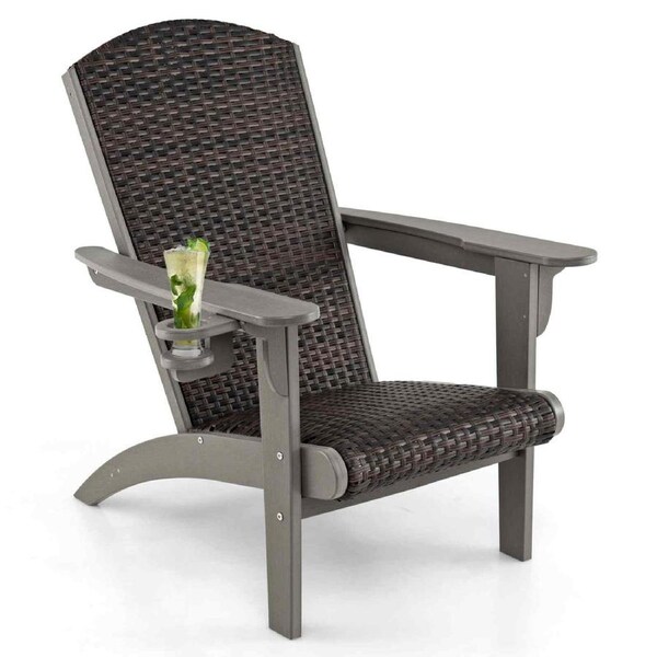 Costway Patio Adirondack Chair Lounge Chair w/Rattan Padded Seat & Back for Backyard Grey