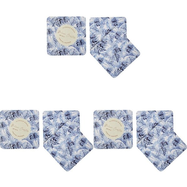 12pc LVD MDF/Cork Coasters Square Tabletop Decor 10x10cm Blue Leaf Tropics
