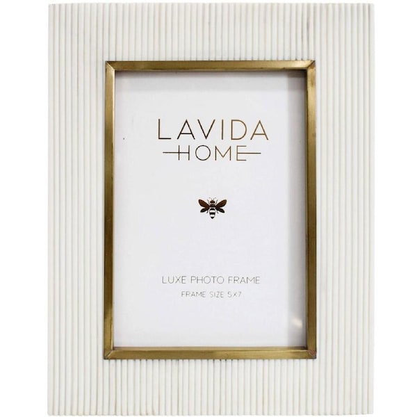 LVD 5x7 Photo Frame Brass Edge Picture Display Home/Room Tabletop Decor White