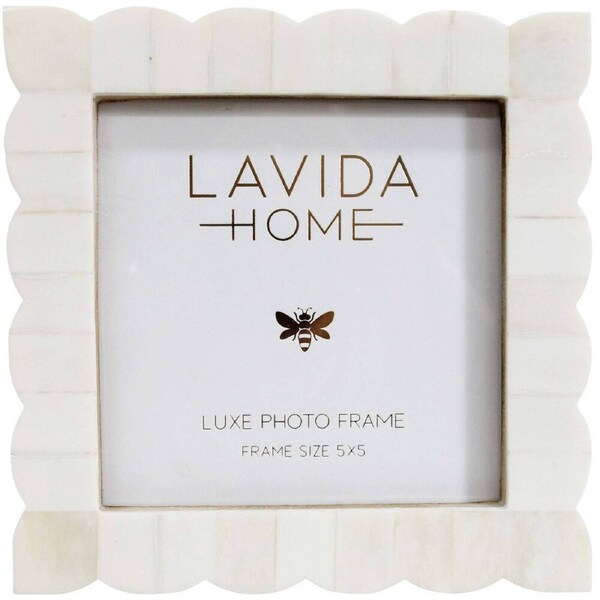 LVD 5x5 Picture/Photo Frame Scallop Bone/MDF Home/Room Tabletop Decor White