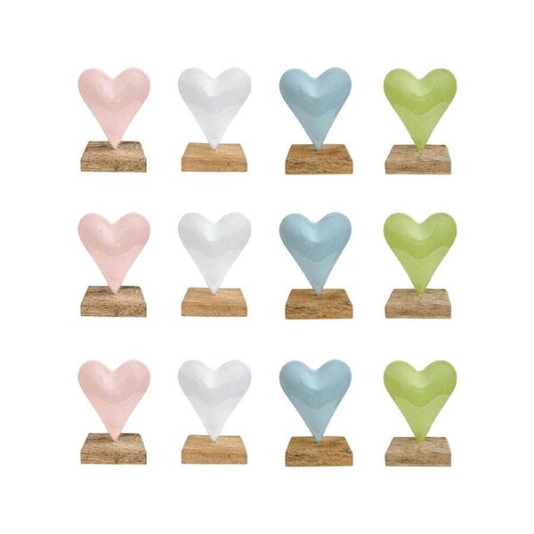 12x LVD Heart On Stand Figurine Decor Iron/Wood Home Decor Small 9.5x11cm Assort
