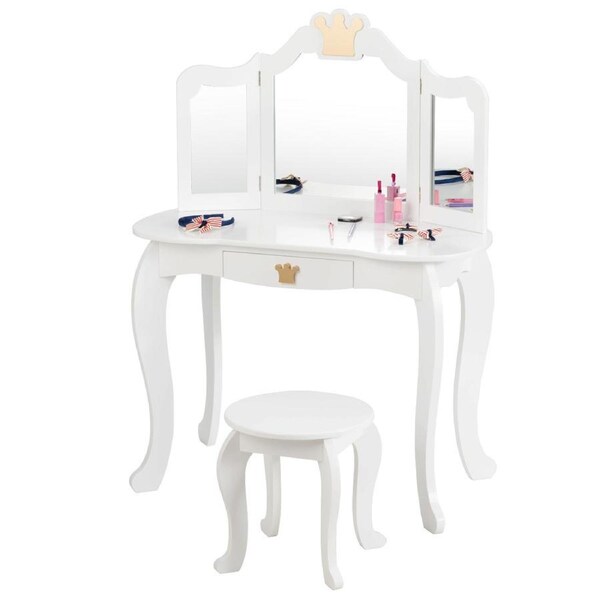 Costway 2in1 Vanity Table Chair Set Princess Makeup Dressing Table w/Detachable Tabletop Vanity Set White