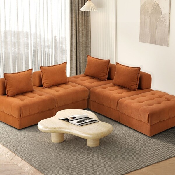 Oikiture 5 Seater Velvet Modular Sofa & Ottoman Set Armless TOFU Back Brown