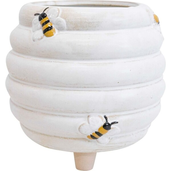 LVD Ceramic Bee Planter On Feet w/ Plug Home/Garden Decor Plant Pot 15cm White
