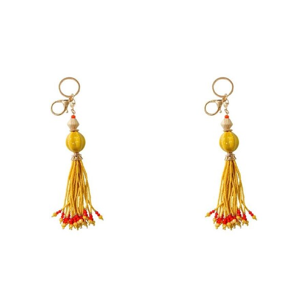 2x LVD Hanging Keyring Bag Hanger w/ Beads/Tassel Accessory 15.5cm Natural