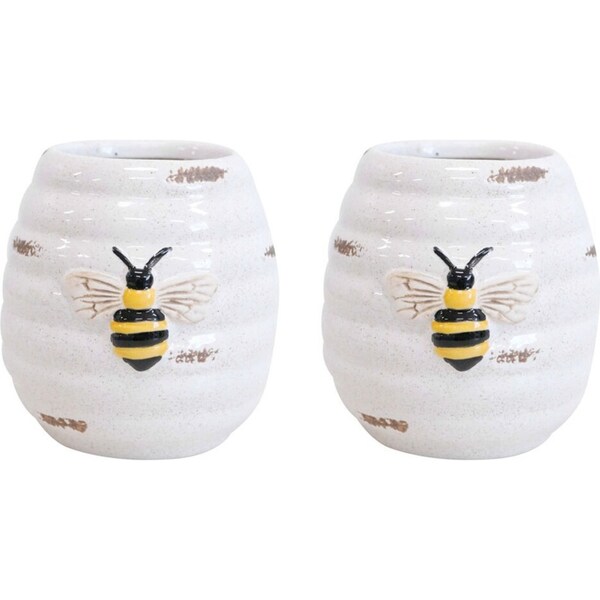 2x LVD Ceramic Pot Plug Bee Rustic Home/Garden Decor Plant Container 8x9cm White