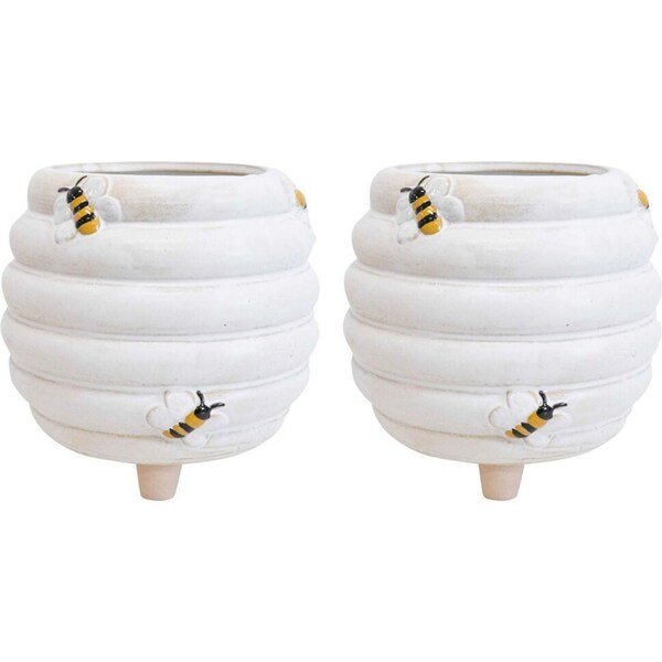 2x LVD Ceramic Bee Planter On Feet w/ Plug Home/Garden Decor Pot 15cm White