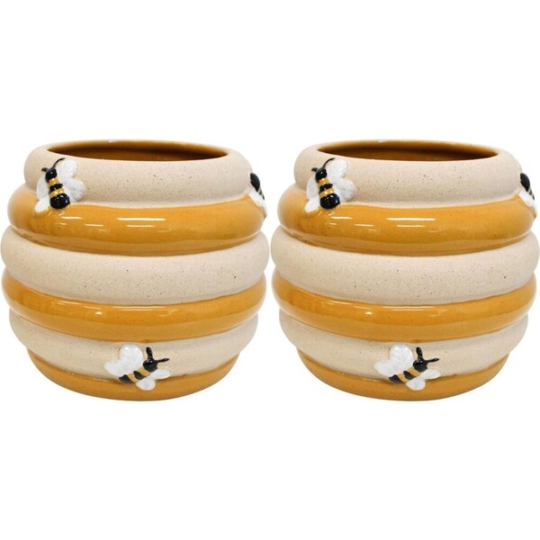 2x LVD Ceramic Planter Honey Bees Home/Garden Decor Plant/Flower Pot 15x12cm
