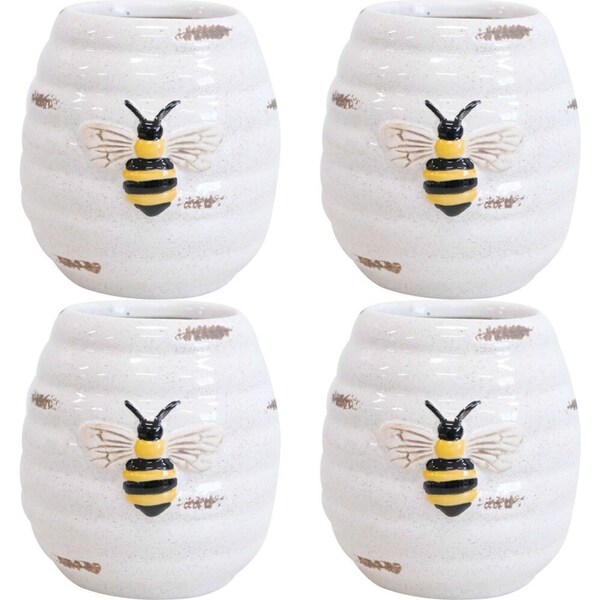 4x LVD Ceramic Pot Plug Bee Rustic Home/Garden Decor Plant Container 8x9cm White