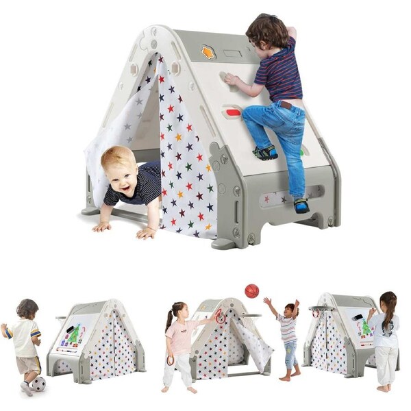 Babyjoy All-in-1 Kids Climber Playhouse Play Tent Toddler Whiteboard w/Basketball & Footable Gate Grey
