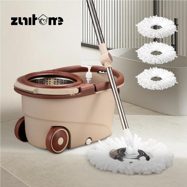 ZUNI Spin Mop Bucket Set Floor Mop Stainless Steel Rotating w/ 2 Heads Khaki