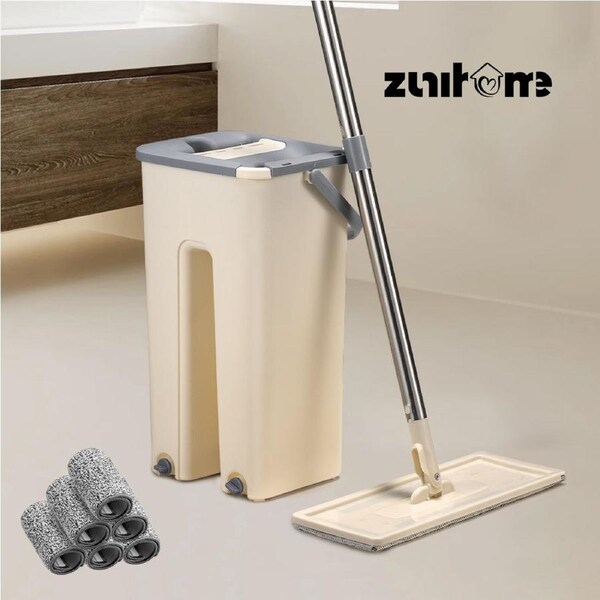 ZUNI Flat Mop and Bucket Floor Mop Cleaner Set Wet Dry w/ 6 Heads