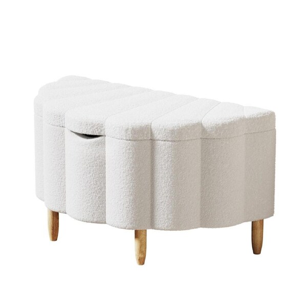 Oikiture Storage Ottoman Scallop Boucle Blanket Box Fleece Foot Stool Seat Chest