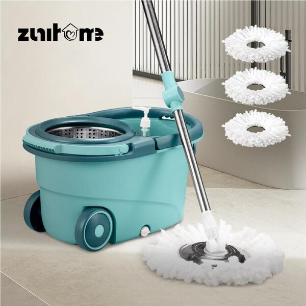 ZUNI Spin Mop Bucket Set Floor Mop Stainless Steel Rotating w/ 2 Heads Green