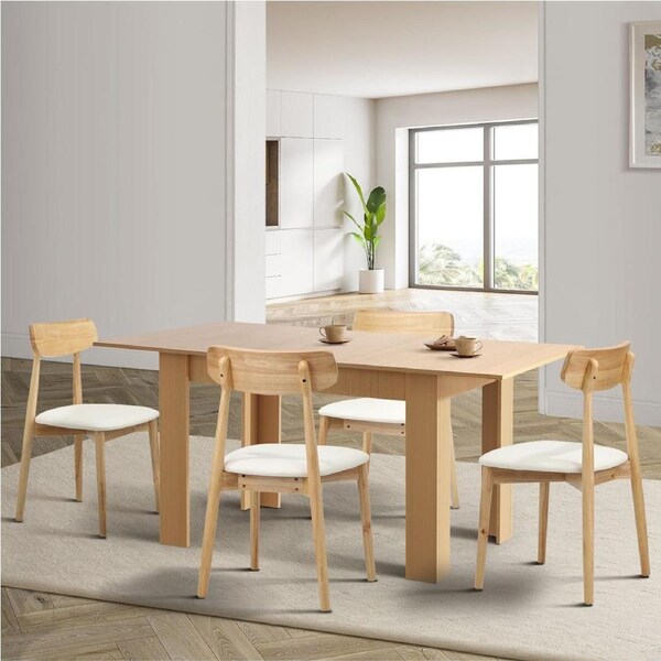 Oikiture 160cm Extendable Dining Table with 4x Dining Chairs PU Leather Natural