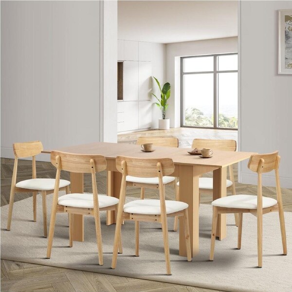 Oikiture 160cm Extendable Dining Table with 6x Dining Chairs PU Leather Natural