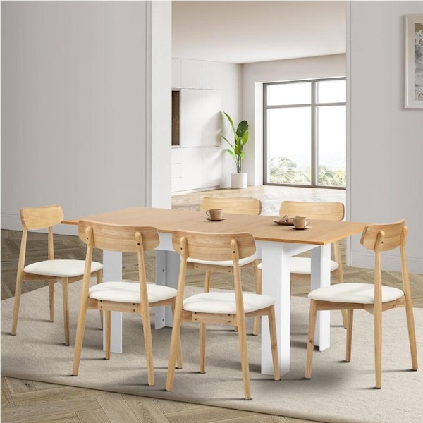 Oikiture 160cm Extendable Dining Table with 6x Dining Chairs PU Leather White