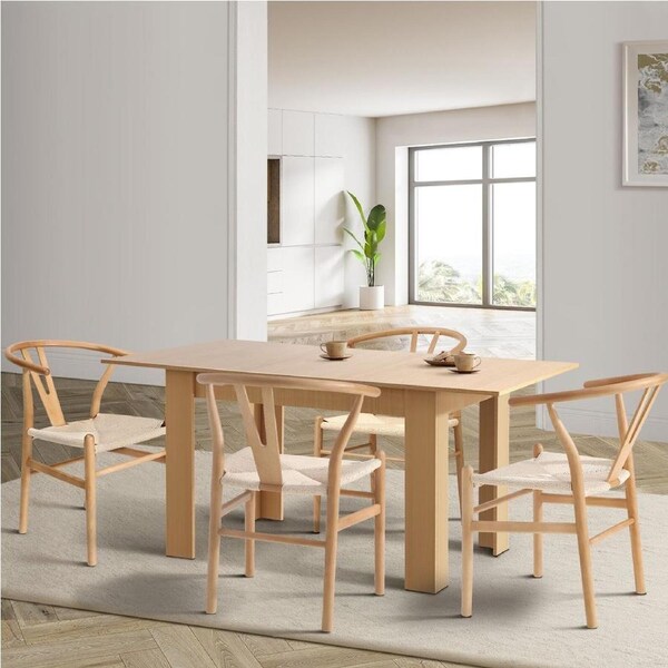 Oikiture 160cm Extendable Dining Table with 4x Hans Wegner Dining Chairs Natural