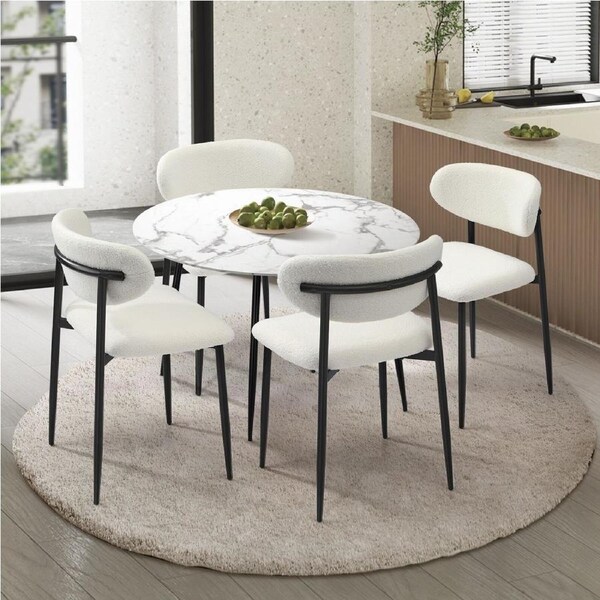 Oikiture 110cm Round Dining Table with 4x Dining Chairs Boucle Black&White