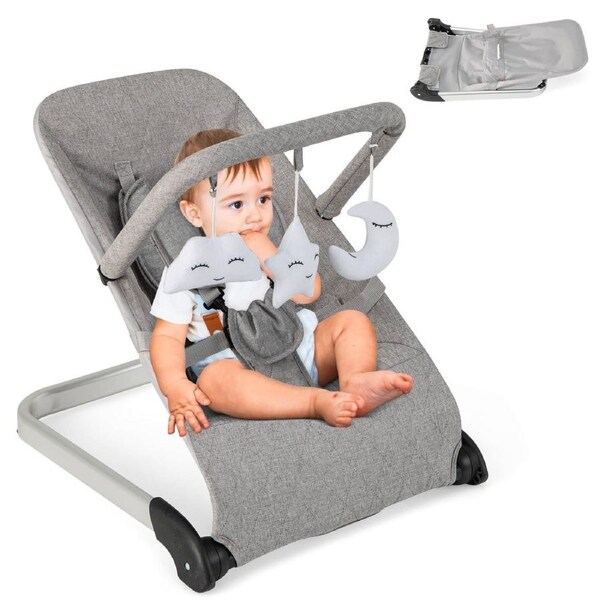 Babyjoy Baby Bouncer Foldable Baby Rocker w/5-point Safety Harness Portable Bouncer Seat Soothing Chair Grey