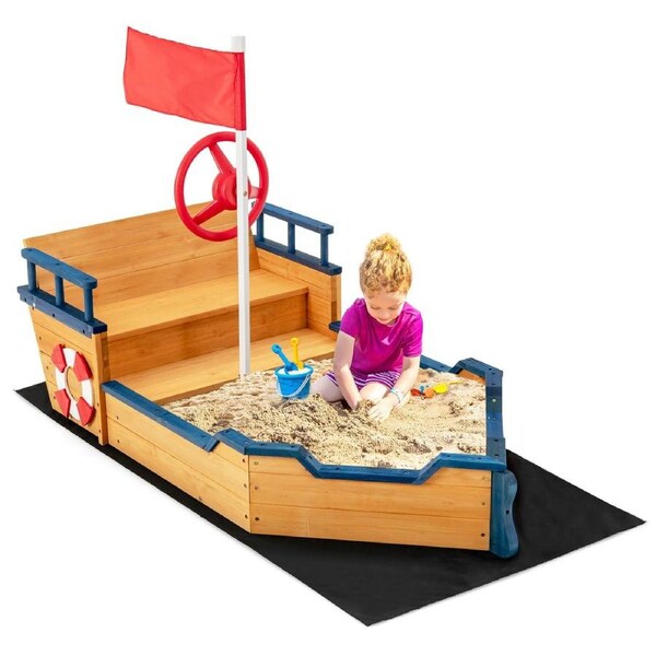 Babyjoy Kids Wooden Sandbox Pirate Ship Pretend Play Station w/Storage Benches Outdoor Fir Wood Sandpit