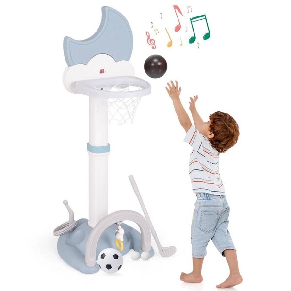 Babyjoy Multi-in-1 Kids Basketball Hoop Adjustable Football Golf Play Set w/Scoreboard Moon-shaped Sports Center