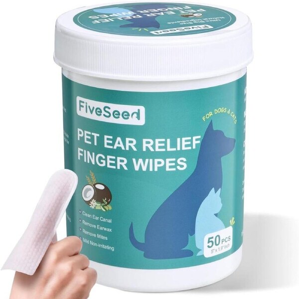 Ear Wipes for Dogs and Cats, Extra-Large Size Relief Finger Wipe Ear Cleaner to Stop Ear Itching and Infections, 50 Disposable Wipes