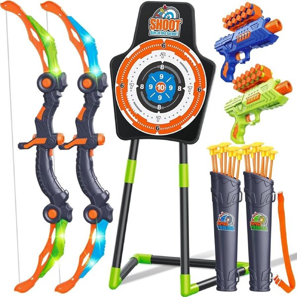 Bow and Arrow Toys for Kids, Archery Set Includes 2 Super Bow with LED Lights, 20 Suction Cups Arrows,2 Foam Dart Toy Gun Toys for Boys and Girls