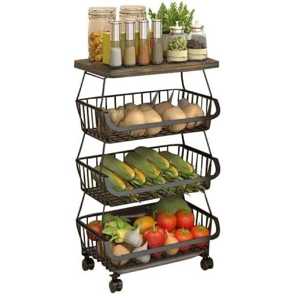 4 Tier Shelf Kitchen Organizer,Metal Wire Baskets with Wheels, Stackable Storage Bins, Fruit and Vegetable Cart, Bathroom Tableware Rack