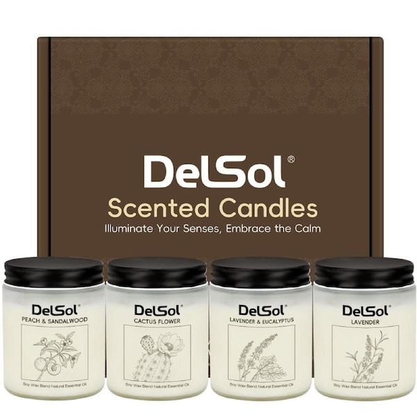DelSol 4 Pack Scented Candle Gift Set Soy Wax Candles Natural Essential Oil 100% Pure Soy,Aromatherapy Home & Gift Set for Mom Her Birthday Christmas Gift