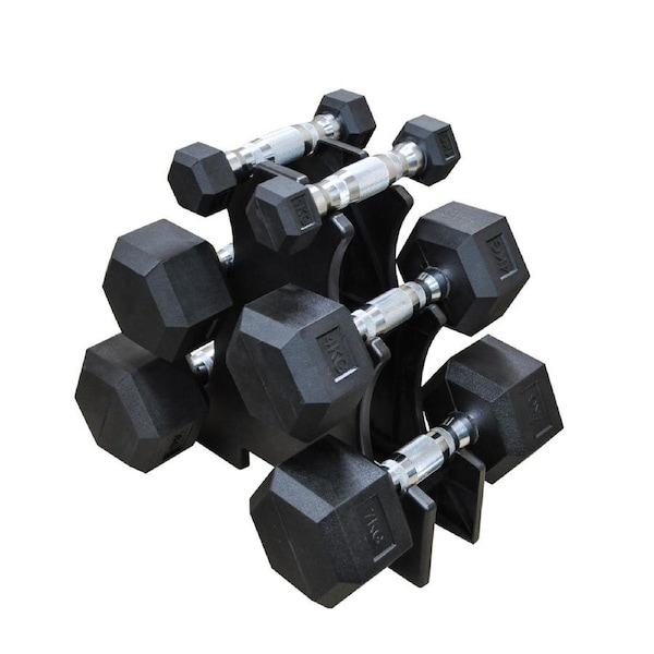 1KG-4KG-7KG TOTAL 18KG Hex Rubber Dumbell Weight Set with PVC Rack