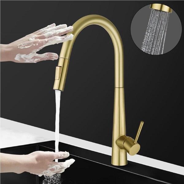 ACA Hand Touch Control Pull Out Kitchen Mixer Tap Basin Laundry Round Brushed Gold Faucet