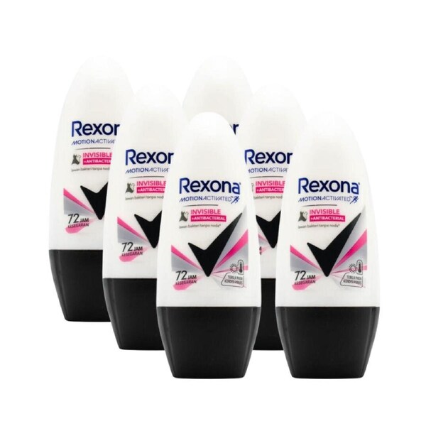 6 x Rexona Motion Activated Invisible + Antibacterial Deodorant Roll On 45mL