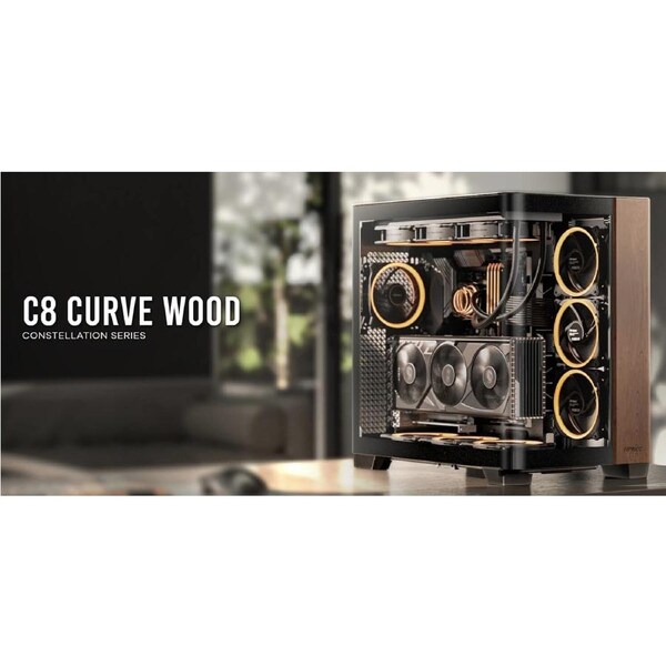 Antec C8 CURVE Wood E-ATX, ATX Seamelss View Front and Side, USB-C, 4mm Tempered Glass, 360mm liquid cooler top, bottom, side. 2x USB 3.0 Black Case. C8 Curve Wood