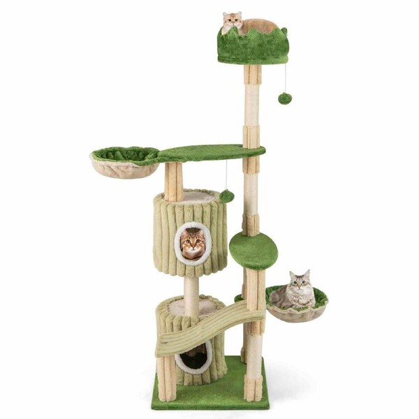 Costway 1.6m Striped Cat Tree Tower Kitten Cando House w/Sisal Scratching Post Indoor Green