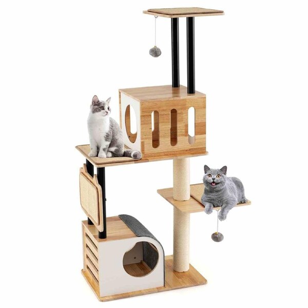 Costway 143cm 6-Layer Wood Cat Tree Tower Double Condo House Sisal Scratching Post Indoor Natural