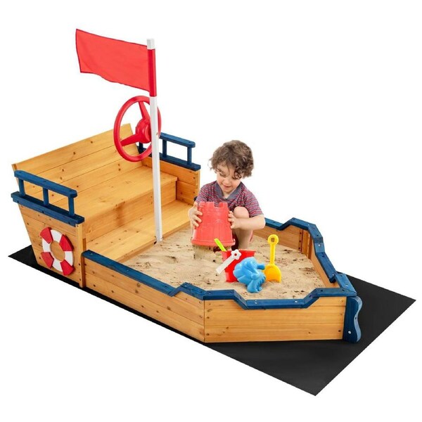 Costway Wooden Boat Sand Pit Sandbox Sandpit w/Steering Wheel & Storage Outdoor Play Toy Yellow